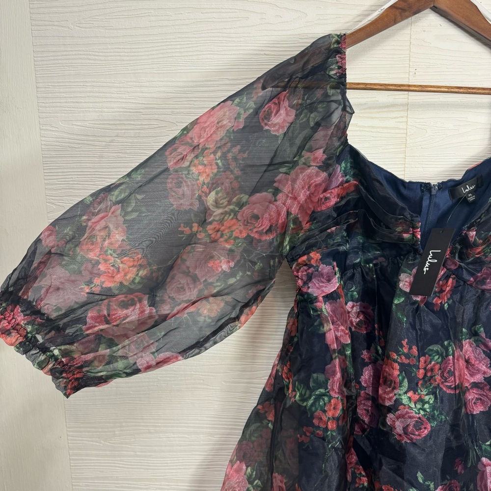 Lulus‎ Sweetly Flirty Navy Blue Floral Organza Puff Sleeve Mini Dress - Picture 8 of 8